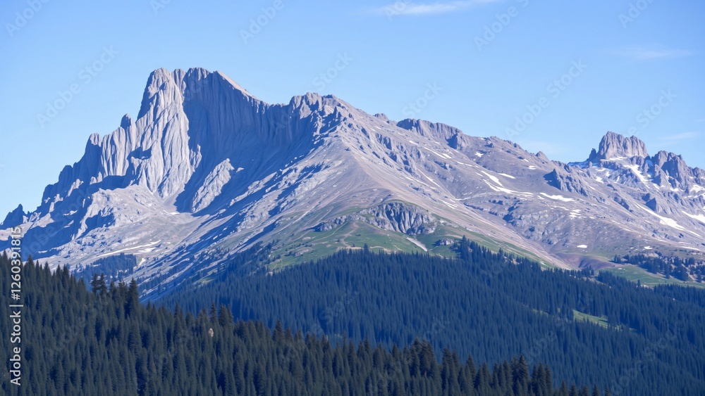Majestic Mountain Range with Coniferous Forest Under Blue Sky Majestic Mountain Range with Coniferous Forest Under Blue Sky