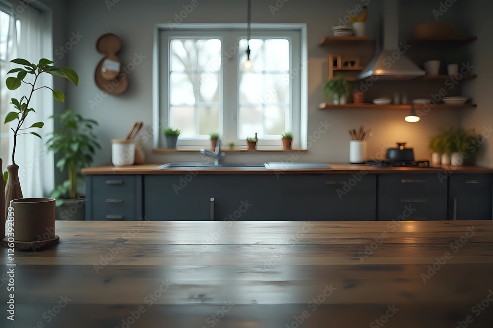 Fototapeta premium Free space table top background on blurred kitchen window black interior with copy space