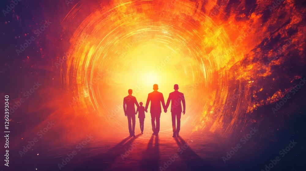 family walking towards bright light family walking towards bright light