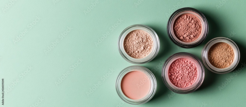 Cosmetic powders collection featuring blush and bronzer in jars arranged on a pastel green background with space for promotional text Cosmetic powders collection featuring blush and bronzer in jars arranged on a pastel green background with space for promotional text