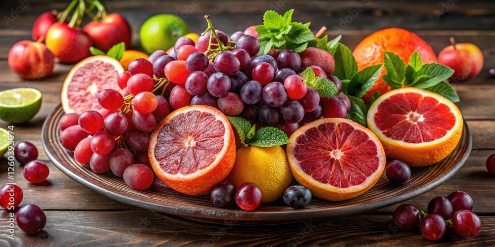 Delight in this healthy and vibrant fruit platter featuring juicy grapes, plums, and grapefruit. Delight in this healthy and vibrant fruit platter featuring juicy grapes, plums, and grapefruit.