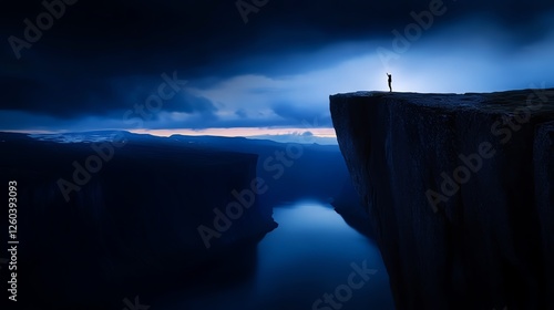 A solitary figure stands on the edge of a stunning cliff, overlooking a serene river beneath dark, moody skies