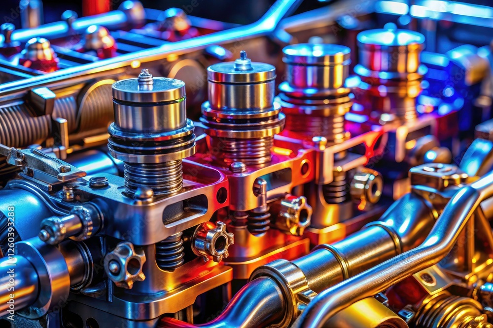 Fototapeta premium Detailed internal combustion engine designs, visualized through high-resolution images, aid automotive engineering.