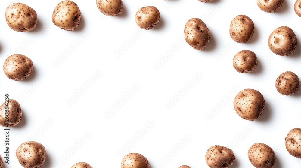 Top view of scattered brown potatoes on a white background empty space for text showcasing fresh healthy tubers in organic food concept Top view of scattered brown potatoes on a white background empty space for text showcasing fresh healthy tubers in organic food concept