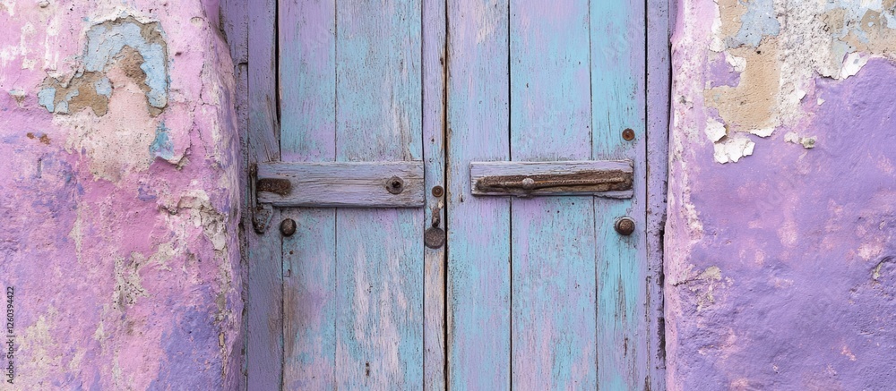 Lined lilac wooden door against a peeling plaster wall showcasing Moroccan architectural details in Essaouira, Africa. Lined lilac wooden door against a peeling plaster wall showcasing Moroccan architectural details in Essaouira, Africa.