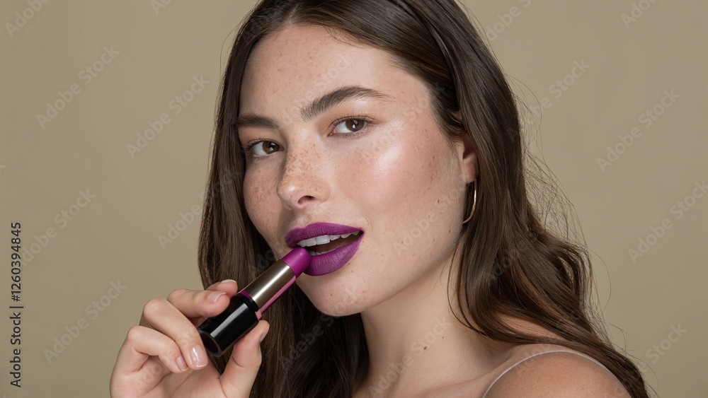 A woman shows a brightly coloured lipstick applied to her lips, holding a tube of lipstick to her mouth. Lipstick advert A woman shows a brightly coloured lipstick applied to her lips, holding a tube of lipstick to her mouth. Lipstick advert