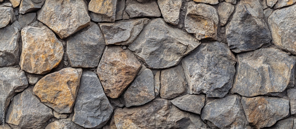 Fototapeta premium Natural stone wall texture with various shapes and colors for use in backgrounds, architecture, and design projects.