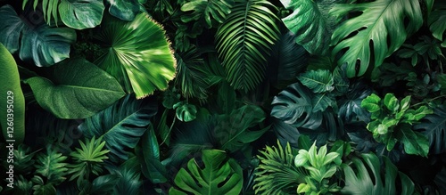 Lush tropical rainforest canopy background with vibrant green foliage and ample space for text placement photo