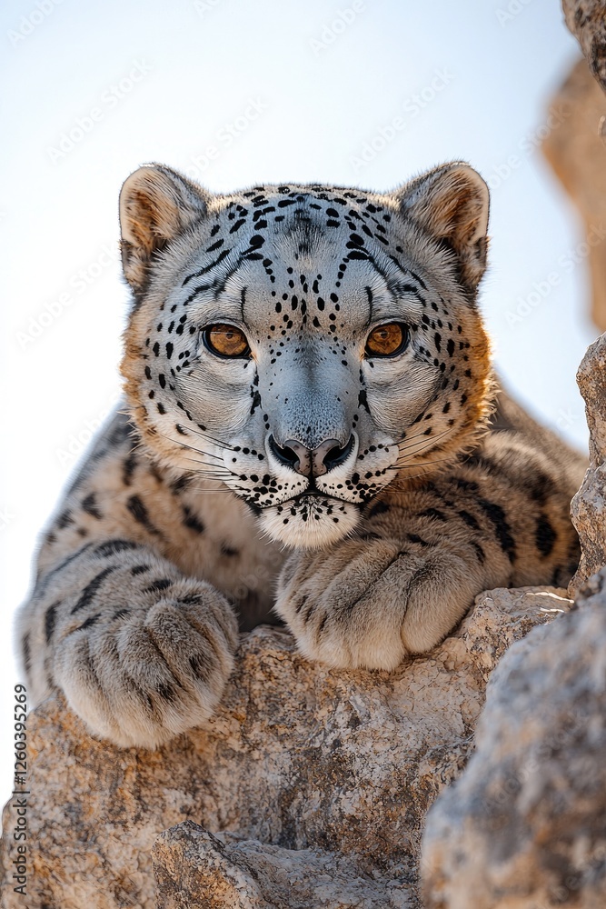 Majestic Snow Leopard Resting On Rocky Outcrop Majestic Snow Leopard Resting On Rocky Outcrop