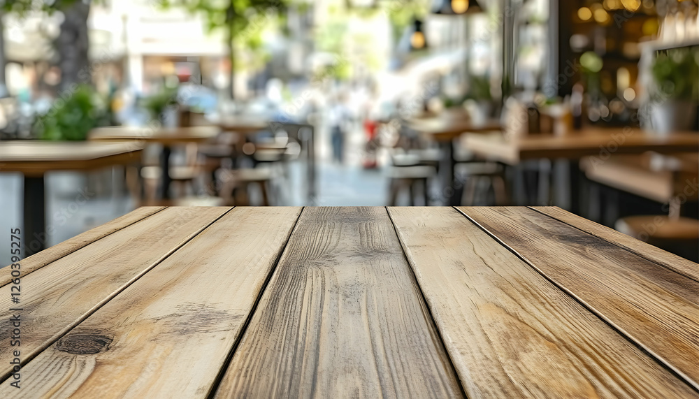 Empty rustic wooden table in blurred outdoor cafe background; perfect for product placement or food photography. Empty rustic wooden table in blurred outdoor cafe background; perfect for product placement or food photography.