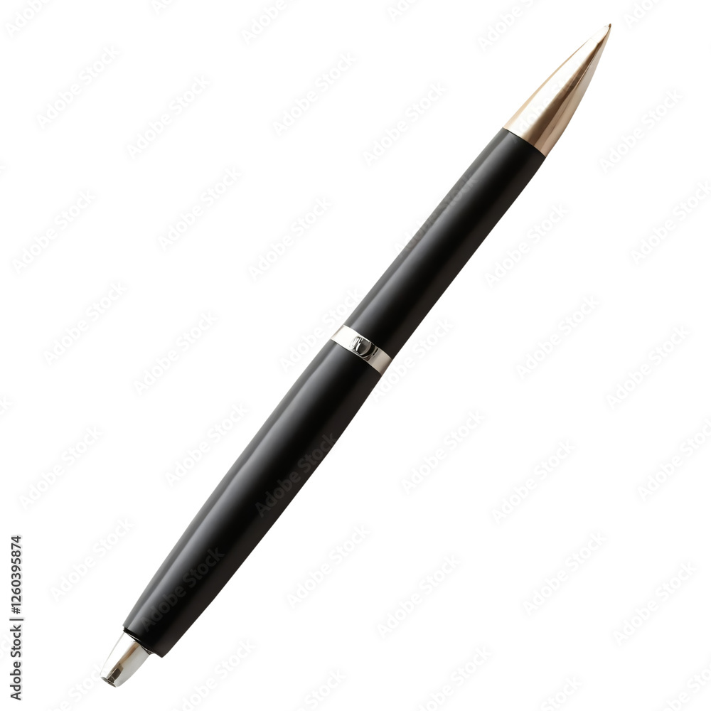 A studio shot of a sleek black ballpoint pen isolated on transparent background A studio shot of a sleek black ballpoint pen isolated on transparent background