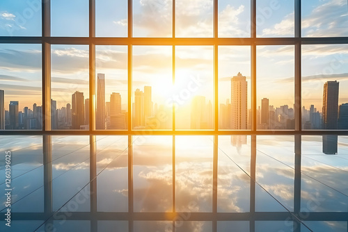 Stunning sunrise cityscape viewed through large modern office windows  reflecting on polished floors. Ideal for business  success  and growth concepts.