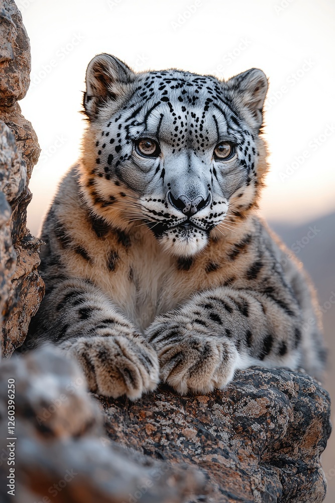 Fototapeta premium Majestic Snow Leopard Resting on Rocky Outcrop