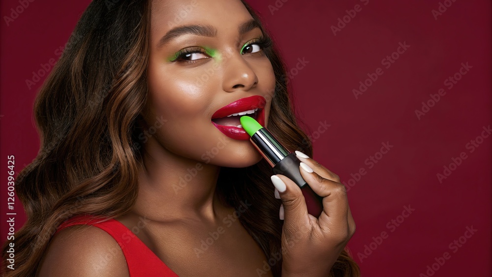 A woman shows a brightly coloured lipstick applied to her lips, holding a tube of lipstick to her mouth. Lipstick advert A woman shows a brightly coloured lipstick applied to her lips, holding a tube of lipstick to her mouth. Lipstick advert