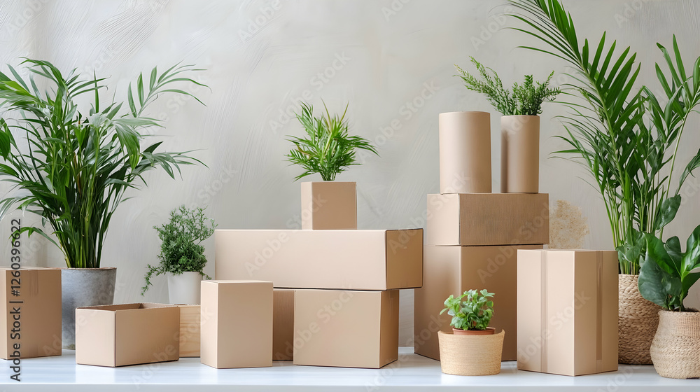 Organizing cardboard packaging and decorative plants in a minimalist workspace modern interior aesthetic view Organizing cardboard packaging and decorative plants in a minimalist workspace modern interior aesthetic view