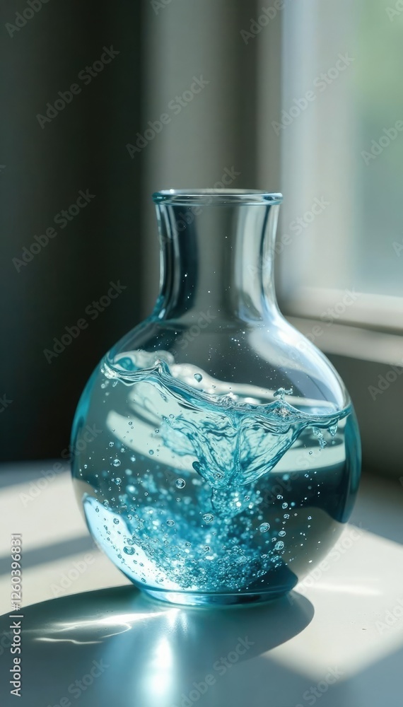 A glass vase with water slowly dripping into the base, vase, clear, liquid A glass vase with water slowly dripping into the base, vase, clear, liquid