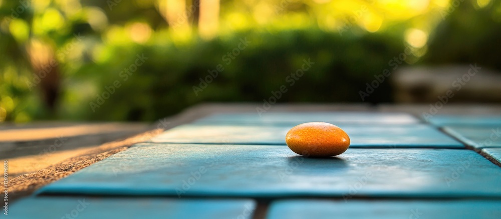Small orange stone on blue tiled pathway in an outdoor space surrounded by greenery and natural light. Small orange stone on blue tiled pathway in an outdoor space surrounded by greenery and natural light.