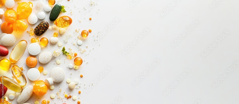 Fototapeta premium Variety of vitamin capsules fish oil and supplements displayed on a white background with ample space for text or product promotion