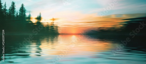 Tranquil sunset reflection on water with a dreamy blur effect and silhouettes of trees in the background creating a serene atmosphere. photo