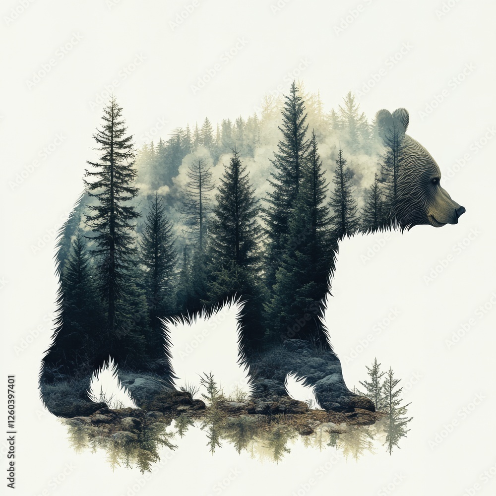 Obraz premium watercolor style,Design an artistic double-exposure digital illustration featuring a bear with a forest scene within its silhouette.