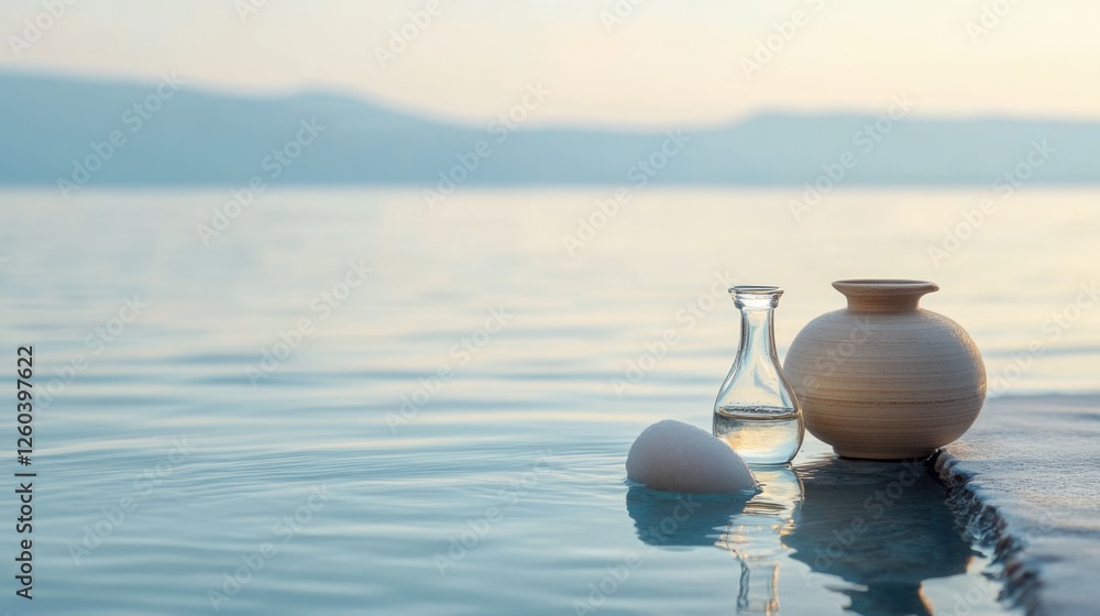 Fototapeta premium Serene Spa Scene with Dead Sea Salt Beauty Essence Bottles and Decorative Jar Reflecting Calm Waters and Soft Natural Light