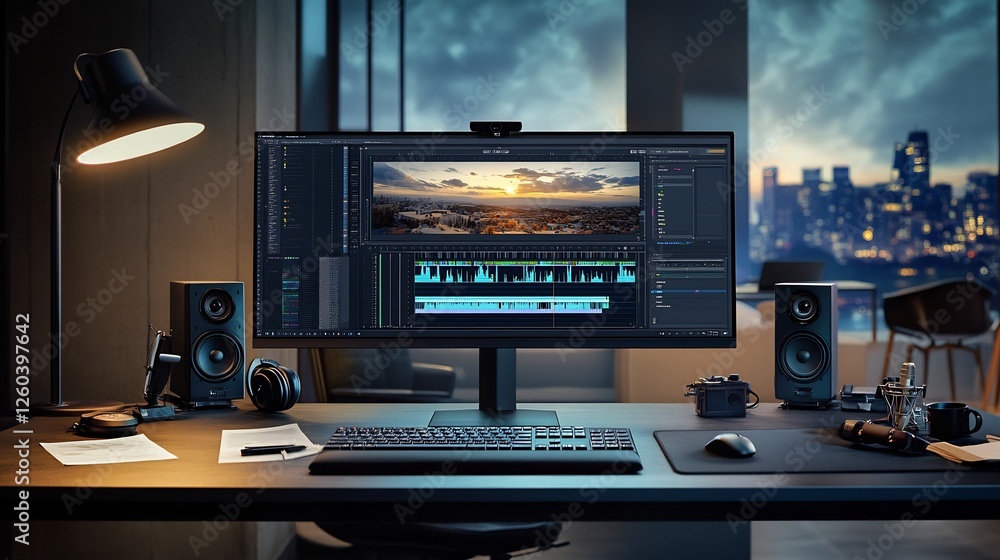 Naklejka premium Night Cityscape Video Editing Setup