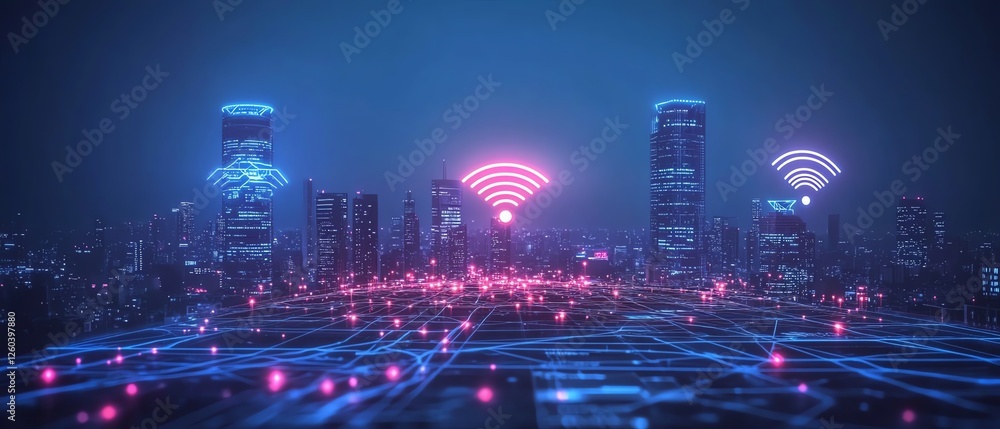 Fototapeta premium WiFi smart city with low poly wireframe, building automation and computer board, dark blue background with plexus lines and points representing wireless network connections