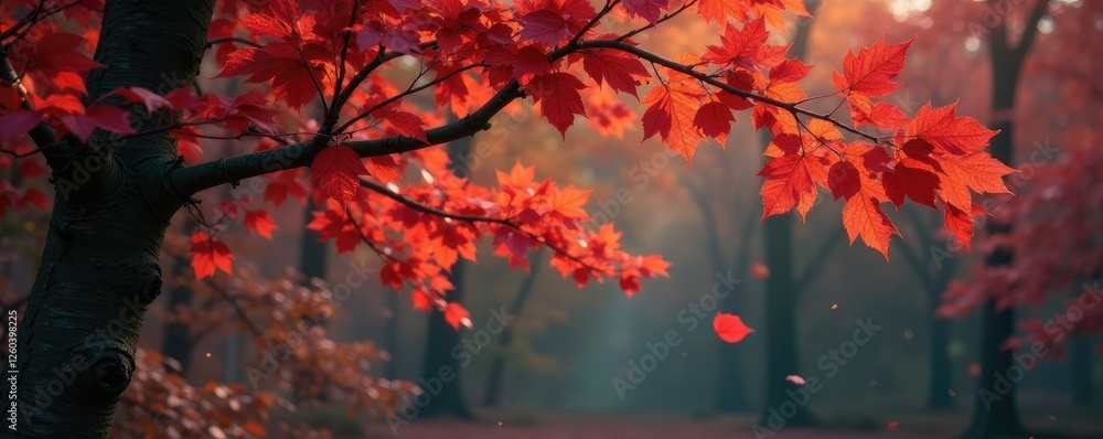 Deep crimson leaves fall from birch tree branches high, foliage, decay, forest Deep crimson leaves fall from birch tree branches high, foliage, decay, forest