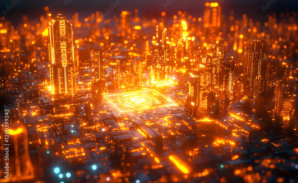 Fototapeta premium Neon Microchip City Grid | Futuristic Spinning Circuit | Cyberpunk Digital Network | Glowing Tech Innovation | Sci-Fi Data Flow | High-Tech Urban Matrix | Virtual Reality Animation | Smart City Motion