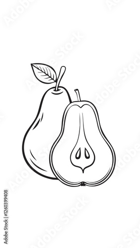 Pear Fruit Food Meal Healthy Coloring Kid Book Page in Black and White. Monochrome and Colored Samples
