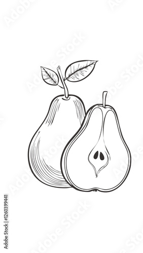 Pear Fruit Food Meal Healthy Coloring Kid Book Page in Black and White. Monochrome and Colored Samples
