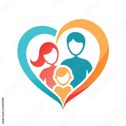 Colorful illustration depicts a loving family of three nestled inside a vibrant heart shape.