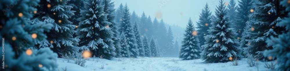 Obraz premium Dense forest foliage with snowflakes gently falling around Christmas trees, christmas, winter wonderland, forest