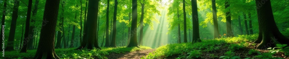 Fototapeta premium Dense forest with tall trees and sunlight filtering through leaves, green, canopy