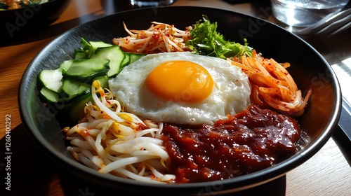 A vibrant bowl of bibimbap, featuring a sunny-side-up egg, fresh vegetables, and spicy sauces, showcasing the rich culinary tradition of Korean cuisine.