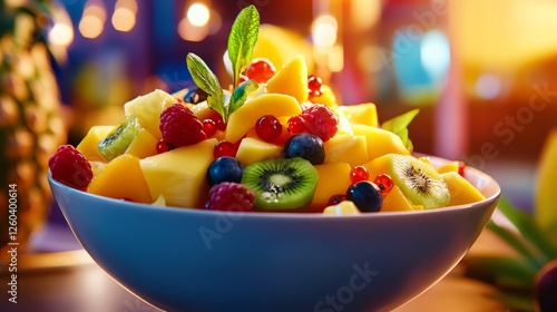 A vibrant bowl of fresh fruit salad featuring mango, kiwi, raspberries, and blackberries, beautifully arranged and ready to enjoy, perfect for a healthy snack or dessert.