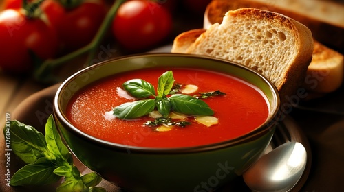 A vibrant bowl of fresh tomato soup garnished with basil, accompanied by slices of toasted bread