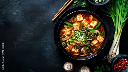 A vibrant bowl of spicy tofu soup features fresh vegetables like green onions and peppers