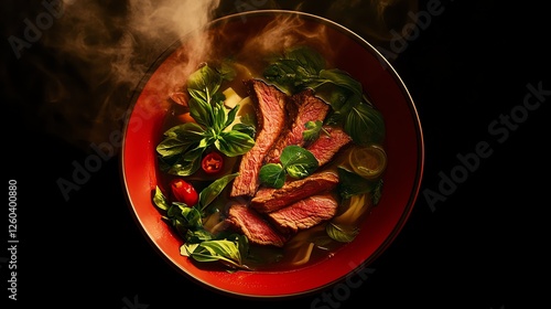 A vibrant bowl of steaming hot beef, garnished with fresh herbs and cherry tomatoes