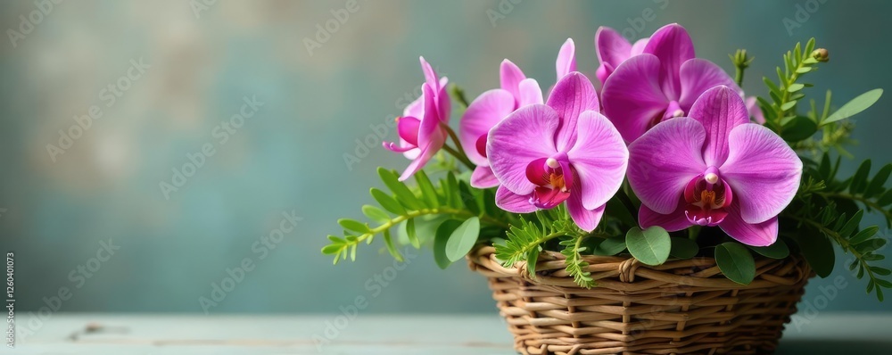 Obraz premium Fresh orchids in woven basket with eucalyptus and ferns, eucalyptus, orchids, basket