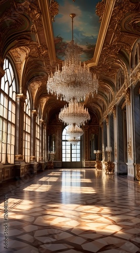 Majestic Grand Ballroom Featuring Opulent Chandeliers and Intricate Ceiling Artwork in a Historic Setting  Grand Hall of a Gilded Palace