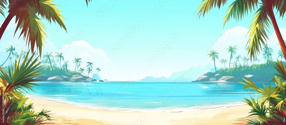 Obraz premium Tropical Beach Scene with Crystal Clear Waters and Lush Palm Trees Ideal for Text Overlay and Summer-themed Designs