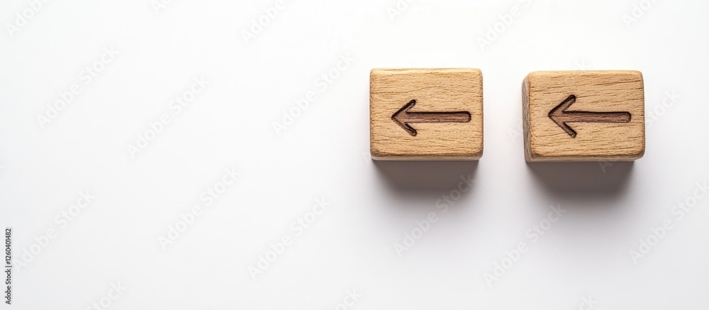 Wooden blocks with opposing arrows on a white background designed to illustrate choices and decision-making concepts with text space Wooden blocks with opposing arrows on a white background designed to illustrate choices and decision-making concepts with text space
