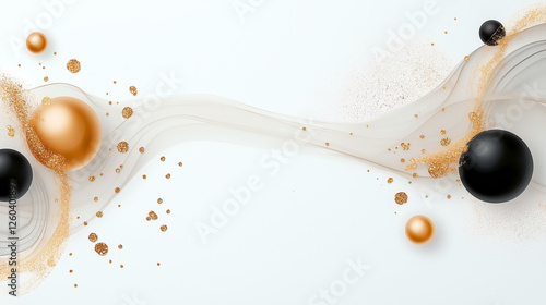 White background with gold and black spheres. Minimalistic background.