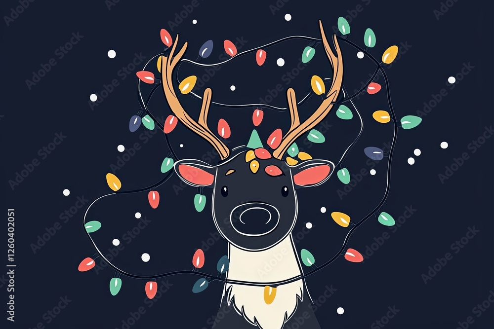 Fototapeta premium A cute reindeer tangled in Christmas lights.