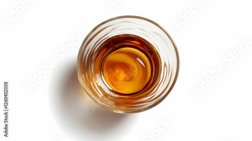 Overhead view of a glass of whisky on a white background, symbolizing elegance and relaxation