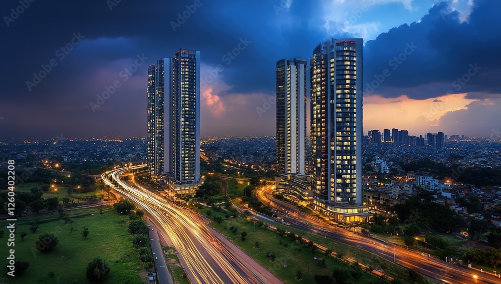 Fototapeta premium Cityscape: Skyscrapers Illuminate Night Highway with Light Trails, Modern Urban Development at Dusk