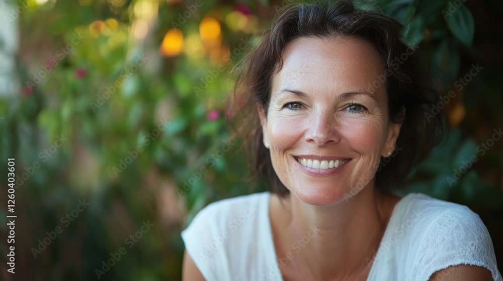 Beautiful smiling middle-aged woman with natural makeup and happy expression Beautiful smiling middle-aged woman with natural makeup and happy expression