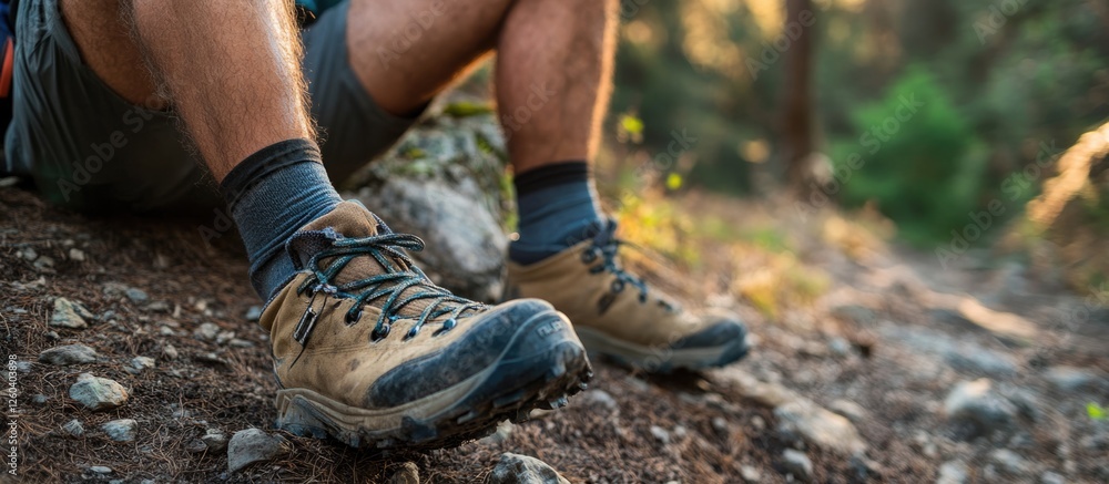 Hiker resting with ankle injury on mountain trail demonstrating fatigue and resilience in nature's surroundings with space for text. Hiker resting with ankle injury on mountain trail demonstrating fatigue and resilience in nature's surroundings with space for text.