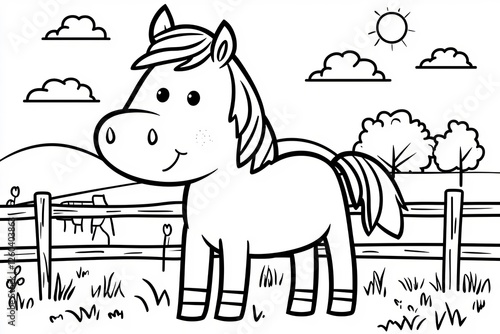 Cute kawaii horse cartoon character coloring page on the farm background.